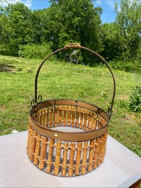 Vintage Woven Bamboo and Copper Accent Basket 5" X 10" X 13" Bohemian-Style